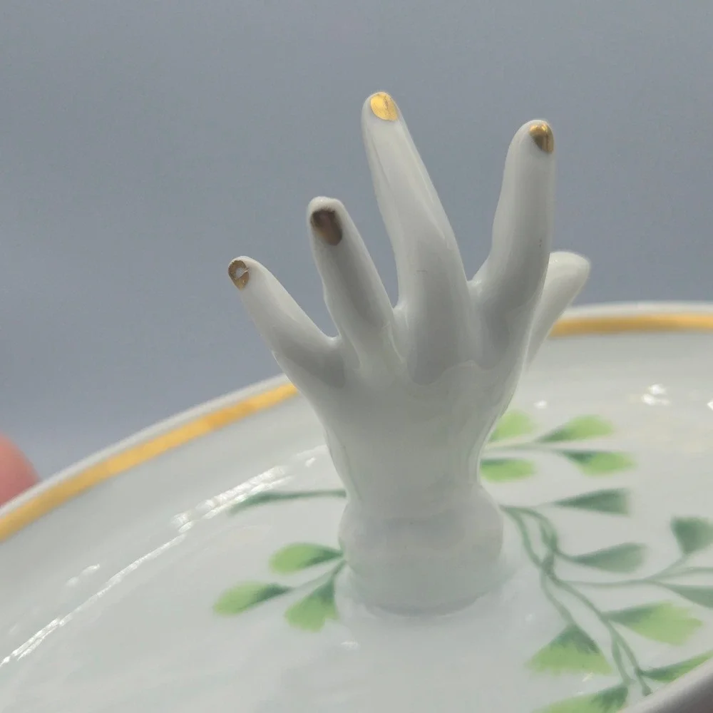 Vintage Porcelain Mini Hand Ring Holder Dish White Gold‎ Trim Made in France 5